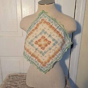 Vintage Lace Edged Handkerchief Scarf Lovely 11 x 12 Green Blue Orange Off-White